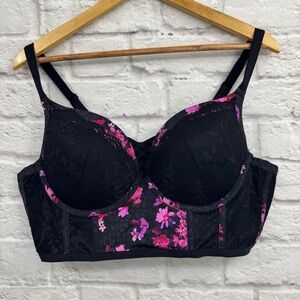 Torrid Curve Black Pink Floral Lace XO Plunge Push-Up Longline Bra 42C